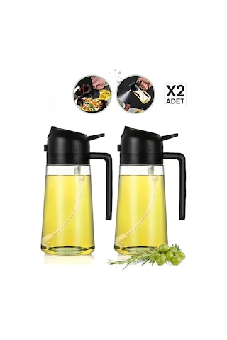 2 Adet Çift Fonksiyonlu Cam Yağdanlık 550ml Zeytinyağı Sıvıyağ Şişe Sprey Airfryer Yağlık Sirkelik