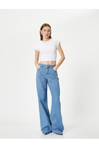 Koton Taşlı Kot Pantolon Geniş Paça Cepli Standart Bel - Bianca Wide Leg Jeans Açık İndigo 4sal40181md Açık İndigo