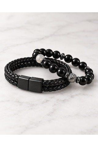 Akik Doğal Taş Ve Siyah Deri Erkek Bileklik Seti