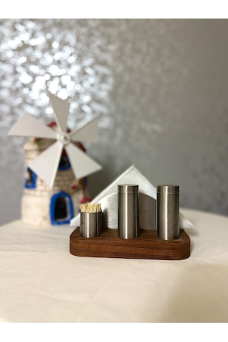 Tuzluk Karabiberlikli Peçetelikli Set 304 Kalite Ahşap Ireco Çelik