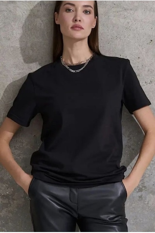 Modi Unisex Kısa Kollu Bisiklet Yaka Basic Viskon Bluz Açık Mavi Siyah