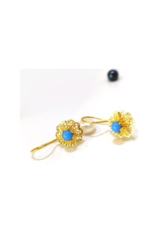 Altın Ürünler 12.5 MM Sallanan Turkuaz Gül Küpe 14 Ayar