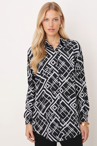 Armonika Kadın Siyah Kare Desen Oversize Uzun Basic Gömlek Arm-22y001144