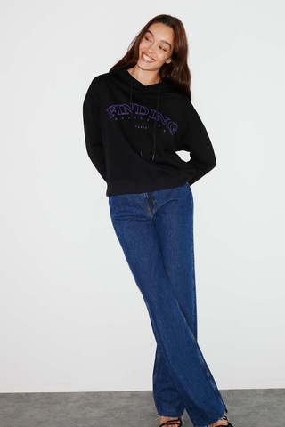 Ethıquet Sydney Kadın İçi Polarlı Önü Nakışlı Regular Fit Kapüşonlu Siyah Sweatshirt