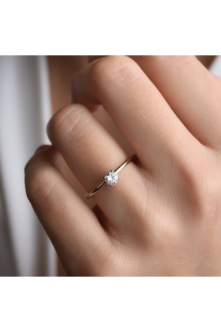 14 Ayar Altın Kaplama Yuvarlak Kesim Tektaş Gümüş Yüzük - Rs00104 Altın