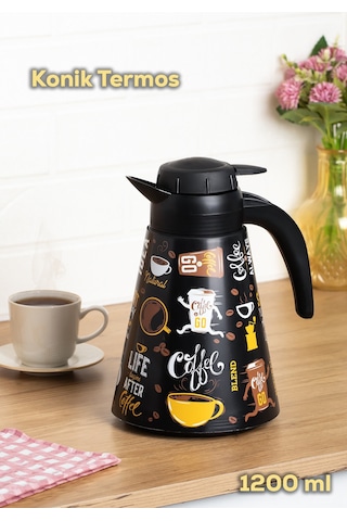 Porsima 161704-006 Desenli 1,2l Konik Termos Sıcak Ve Soğuk İçecek Saklama Termosu Siyah