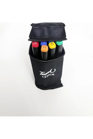 Marker 12'li Set Çantalı Taşınabilir Marker Seti 12 Renk Çift Taraflı Marker Kalem Seti Çok Renkli