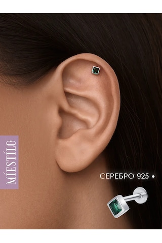 Miestilo 925 Ayar Gümüş Helix Küpe Piercingi, Yeşil Taşlı 314377035 Gümüş