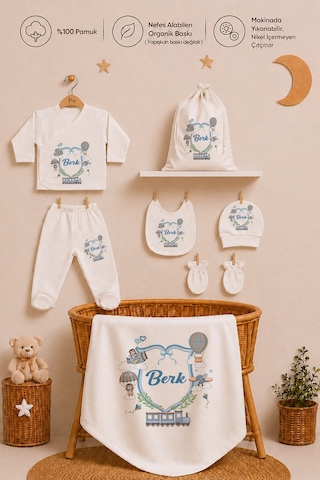 Pia Baby İsim Baskılı Erkek Bebek Hastane Çıkışı 5'li Zıbın Seti Penye Bebek Battaniyesi Ve Ham Bez Kıyafet Kesesi 1029bzk3x Krem
