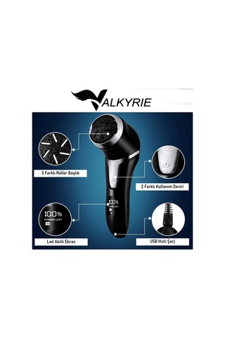 Valkyrie Profesyonel Ayak Bakım Cihazı 360 Dönen Başlık Dijital Ekranlı, Şarjlı & 10 Parça Pedikür Kiti Siyah
