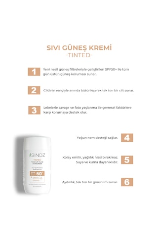 Sinoz Tinted Ton Eşitleyici Sıvı Yüz Güneş Kremi SPF50+ 50 ML