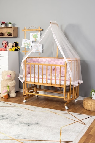 Ahşap Beşik Anne Yanı Beşik Doğal Vernikli 60x120 Pembe Yıldız Uyku Seti Yatak Tekerlekli Ahşap