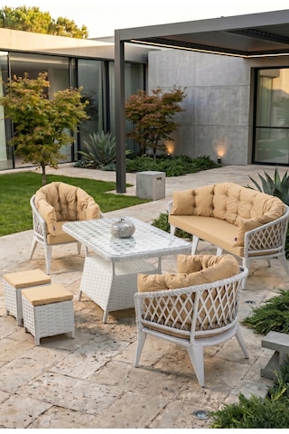 Liatris Serisi 1. Sınıf 3+1+1+2 Puf Beyaz Rattan Cappucino Minder Bahçe Balkon Oturma Koltuk Takımı