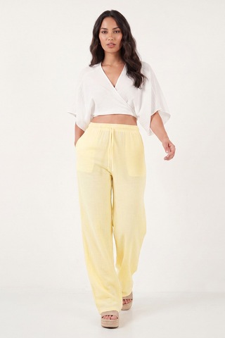 Lela Pamuklu Bağlamalı Relaxed Fit Yüksek Bel Geniş Paça Müslin Pantolon Bayan Pantolon 5866663 Sarı