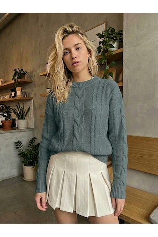 Sayzen Your Shine Saç Örgülü Basic Regular Triko Kazak Sy-2605 Nardo Gri