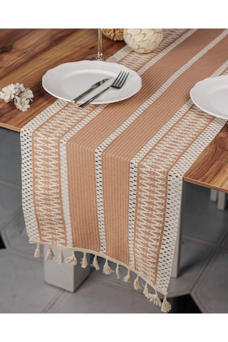 Zethome Runner Pamuk Dantel Püsküllü Bej Runner ,sunum Örtüsü Dantel Bej 35x155 Cm