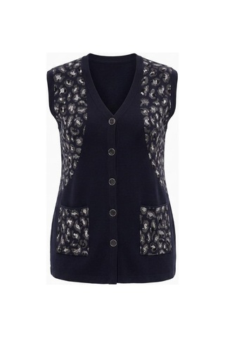 Onno Style Women Simli Leopar Desen Klasik Düğmeli Yelek Lacivert