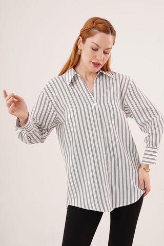 Çift Çizgi Geçişli Düğmeli Gri Gömlek Karışık Çok Renkli