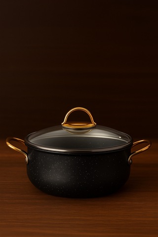 Yunusoğlu Home 30 Cm Derin Granit Tencere 7.5 Litre, Gold Metal Kulplu, Alüminyum Tabanlı, Cam Kapaklı Siyah