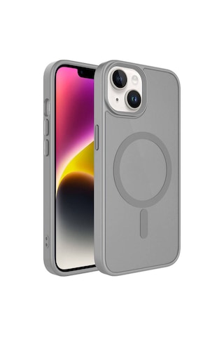 Apple Uyumlu iPhone 14 Kılıf Mat Arka Yüzey Wireless Şarj Özellikli Zore Flet M-safe Kapak Gri