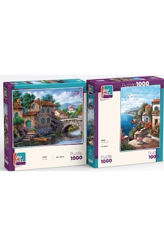 Su Yolu Ve Yamaç Evleri İkili Set - 2 X 1000 Parça Manzara İkili Puzzle Seti