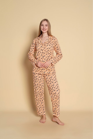 Kadın Gömlek Leopar Desen Uzun Kol Pijama Takımı Turuncu