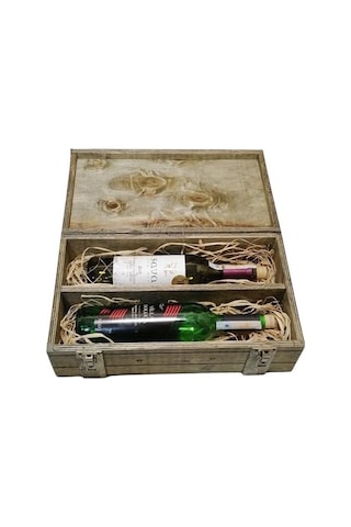 Şarap Şisesi Kutusu 2'li Ahşap El Yapımı Doğal Ahşap Hediyelik