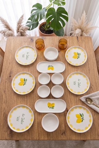 Vita Lemony 14 Parça 6 Kişilik Stackable Seramik Tabak Seti Premium Sunum & Kahvaltı Takımı Beyaz