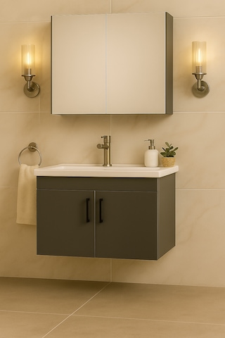 Luna 65 Cm Ahşap Camlı Üst Modül Ve Seramik Lavabolu, Mdf Banyo Dolabı Takımı Antrasit