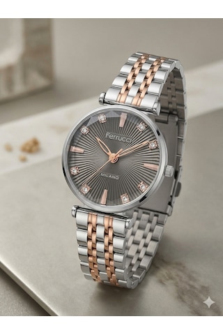 Ferrucci Fc78780 Zirkon Taşlı Kristal Efektli Kadran Çelik Kordon Ve Kasa Kadın Kol Saati Rose Gold - Gümüş