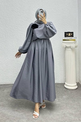 Neşeli Butik Kadın Çiçek Detaylı Etekli Tesettür Takım Nms004 Gri