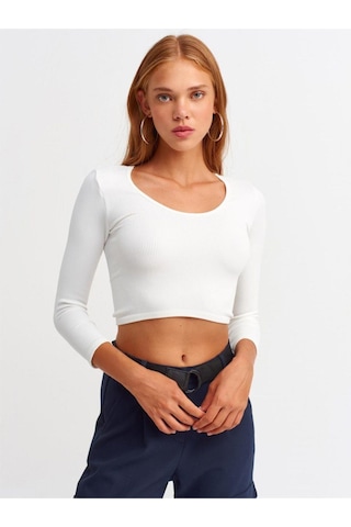 Dilvin Garaj Butik 3529 Havuz Yaka Uzun Kollu Crop Top-beyaz-241 Beyaz