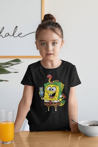 Sevbano Tasarım Süngerbob Baskılı Unisex Çizgi Film Çocuk Tişört 1-12 Ya Siyah