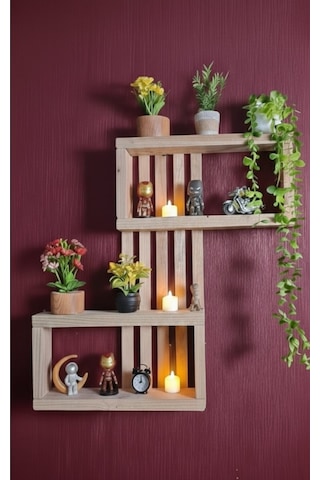 Ahşap Zikzak Duvar Rafı - 75x50 Cm Dekoratif Masif Kitaplık Ve Saksılık - 3 Bölmeli Duvar Dekoru Bej