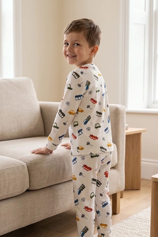 Zuzunga Renklı Mini Arabalar Desenli Erkek Çocuk Fitilli Pijama Takımı Ekru