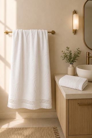 Paisley Desenli Saçaklı 2 Li Baş Ve Banyo Havlusu Seti 50x90 + 90x150 Cm - Beyaz