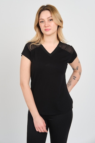 Sistas Kadın V Yaka Omuz Ve Sırt Tül Detaylı Kısa Kol Bluz 4148 Siyah Siyah