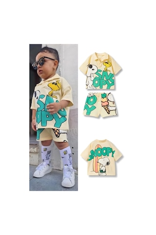 Unisex Bebek & Çocuk Snoopy Baskılı Pamuklu Polo Yaka T-Shirt Ve Şort Alt Üst Takım Bej