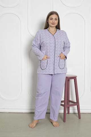 SEBOTEKS %100 Pamuklu Uzun Kollu Boydan Düğmeli Büyük Beden Kadın Pijama Takımı 206 Lila