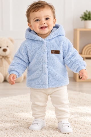 Beniizle Kapüşonlu Unisex Welsoft Yumuşak Dokulu Çıtçıtlı Kışlık Bebek Hırkası Mavi
