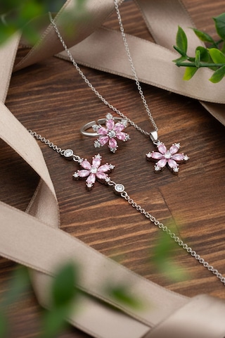 925 Ayar Pembe Taşlı Rodyum Lotus Çiçeği 3'lü Gümüş Set Rs10048 Gümüş