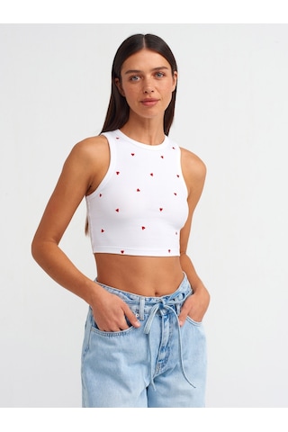 Dilvin Kalp Nakışlı Crop Top 101a20819 Beyaz