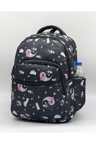 Sevimli Karakter Desenli Beslenmeli İlkokul Çanta Seti Siyah