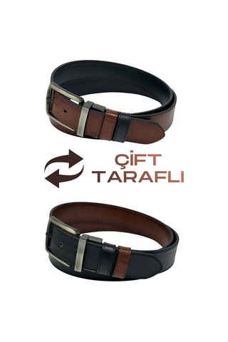 Süzer Deri Kahverengi / Siyah Çift Taraflı Suni Deri 4 Cm. Genişlik Dönerli Tokalı Spor Erkek Kemer - 7110-13 Kahverengi