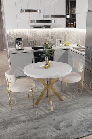 Avvio Lena Serisi Teddy Sandalye 90x90 Yuvarlak Yemek Masası Mutfak Masası 2 Kişilik Masa Sandalye Takımı Beyaz-gold
