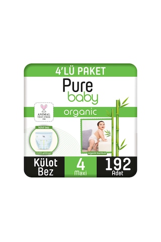 Pure Baby Organik Bambu Özlü Külot Bez 4'lü Paket 4 Numara Maxi 192 Adet 4'lü