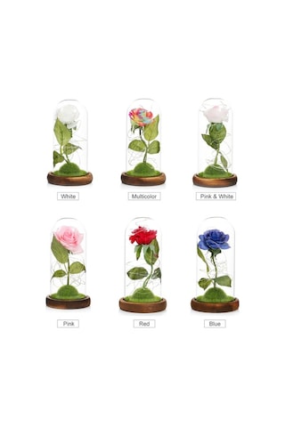 Ulzyvf Led Işıklı Ahşap Tablalı Dekoratif Cam Kubbeli Suni Gül - Romantik Hediye