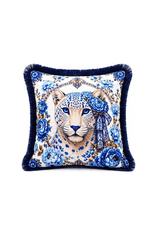 Mavi Leopar Desenli 4 Lü Saçaklı Kırlent Kılıfı 45 x 45