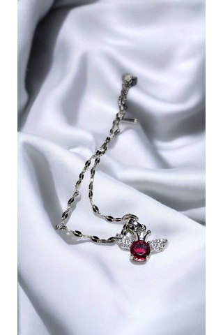 Gümüş Renk Kırmızı Taşlı Parıltılı Kanat Kolye Işıltılı Zarif K Gold