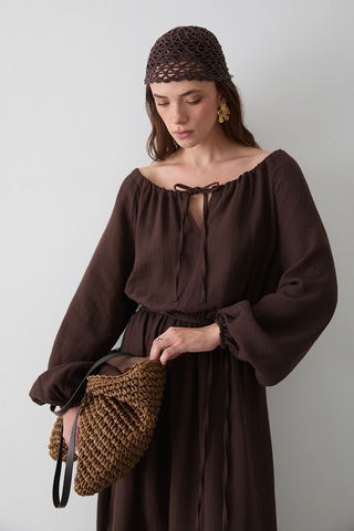 Kahverengi Bağlama Detaylı Müslin Elbise - 2004 Kahverengi